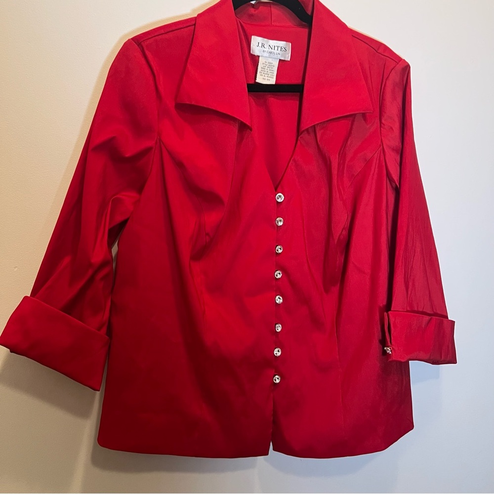 jr nites by carol lin Red Rhinestone Buttons Bow Pleated Top 18W